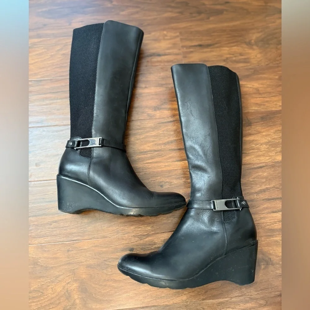 Blondo Laina Black Leather Wedge Knee-High Waterproof Boots-Size8